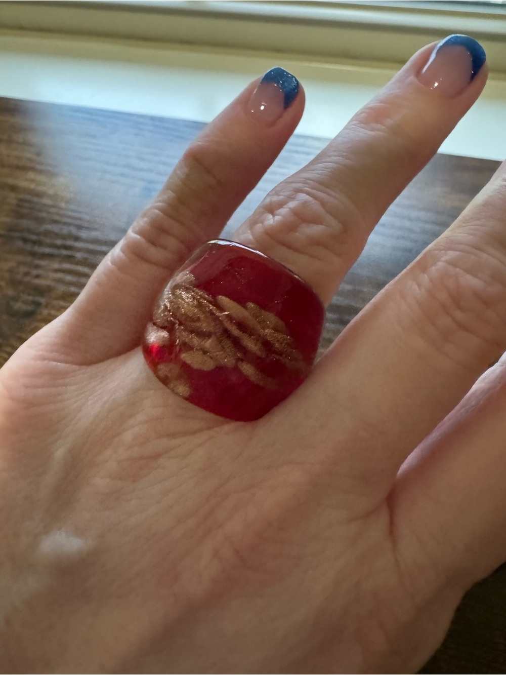 Artisan Red Glass Statement Ring with Gold Foil Swirls – Size 7.5